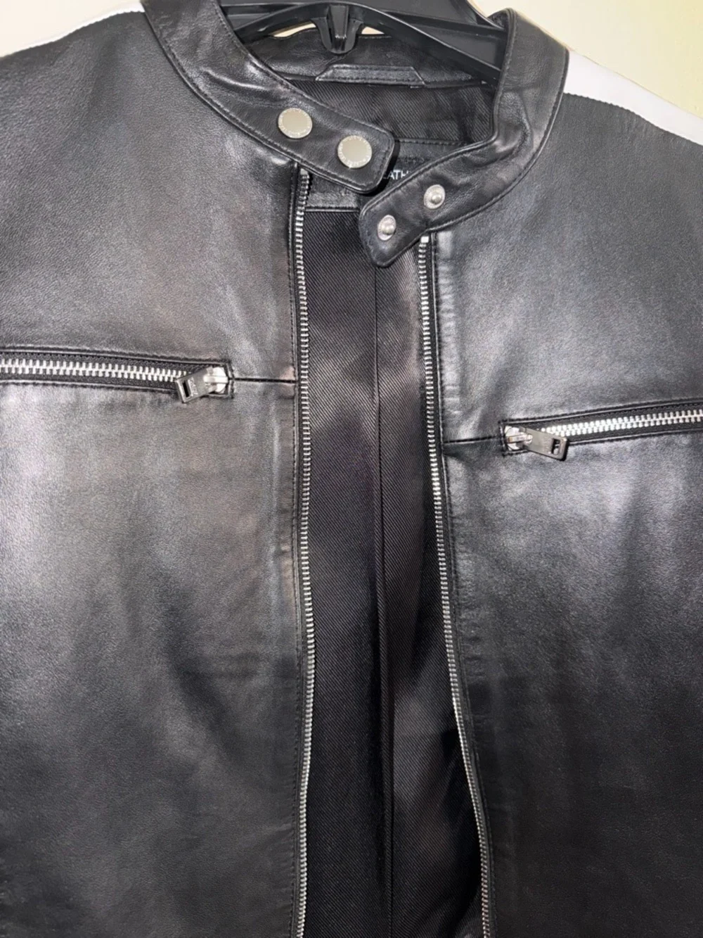 Wilsons Leather Black Leather Jacket with White Sleeve Stripes - Picture 3 of 10